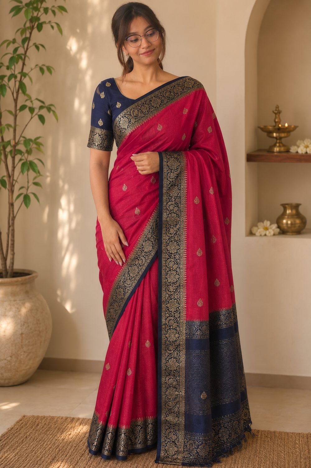 Rani Pink & Navy Blue Jute Silk — Jute Silk saree by Aluna Weaves