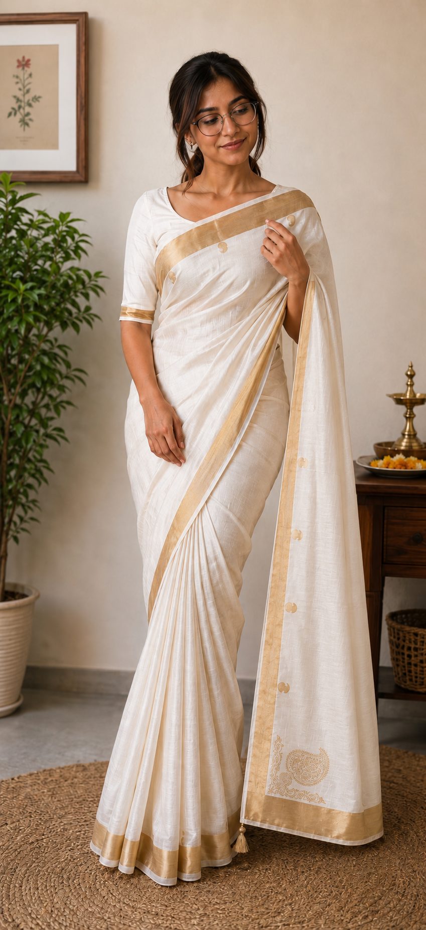 White & Golden Kerala Cotton — Kerala saree by Aluna Weaves