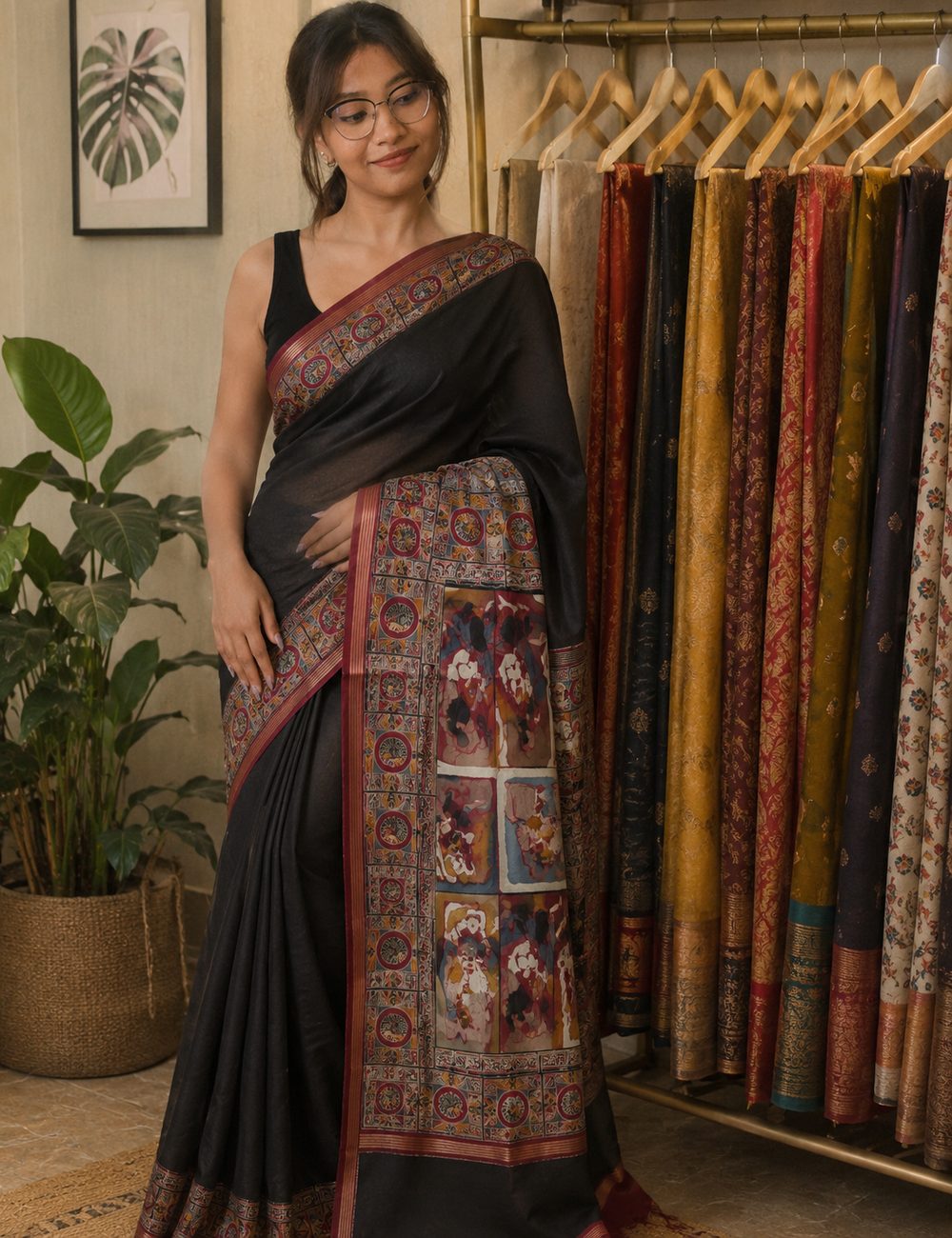 Black Modal Silk — Semi Modal Silk saree by Aluna Weaves