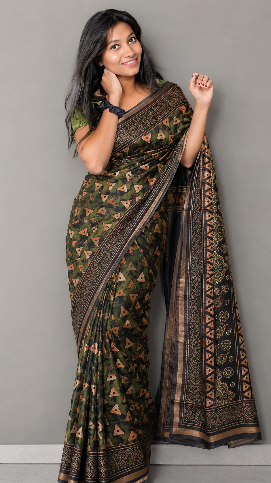 Olive Green Modal Silk — Semi Modal Silk saree by Aluna Weaves