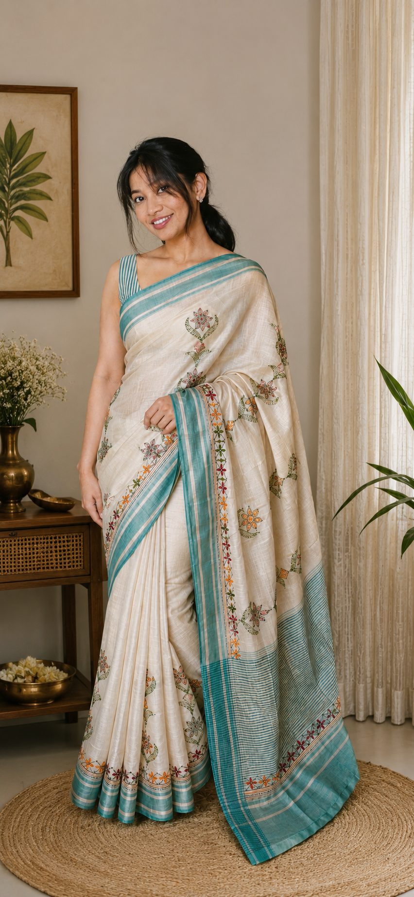 Off-White & Aqua Green Tussar — Tussar Silk Blend saree by Aluna Weaves