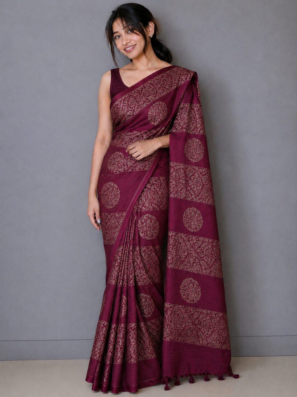 Wine Red Tussar — Soft Tussar Silk saree by Aluna Weaves