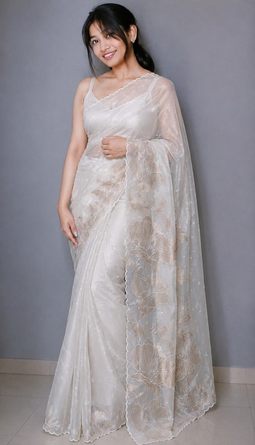 Ivory White Organza — Turkish Organza saree by Aluna Weaves