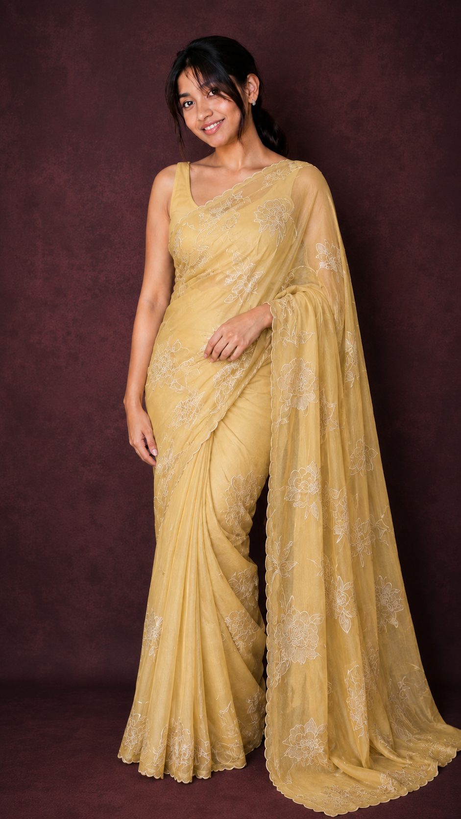 Butter Yellow Organza — Crushed Organza saree by Aluna Weaves