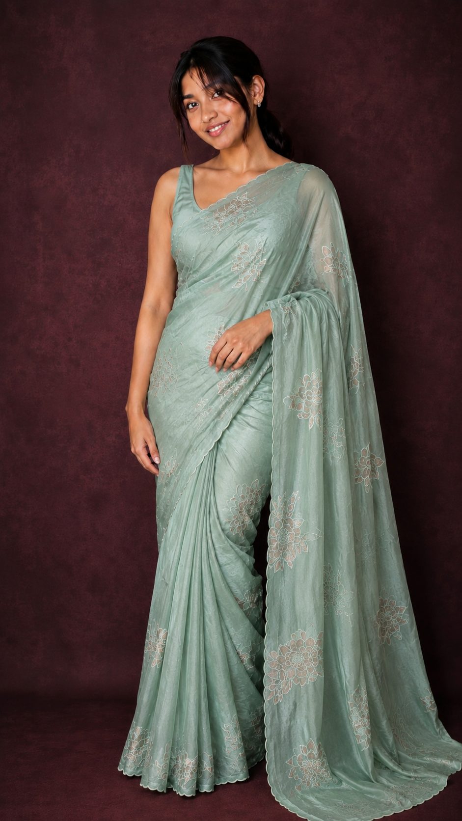 Mint Green Organza — Crushed Organza saree by Aluna Weaves