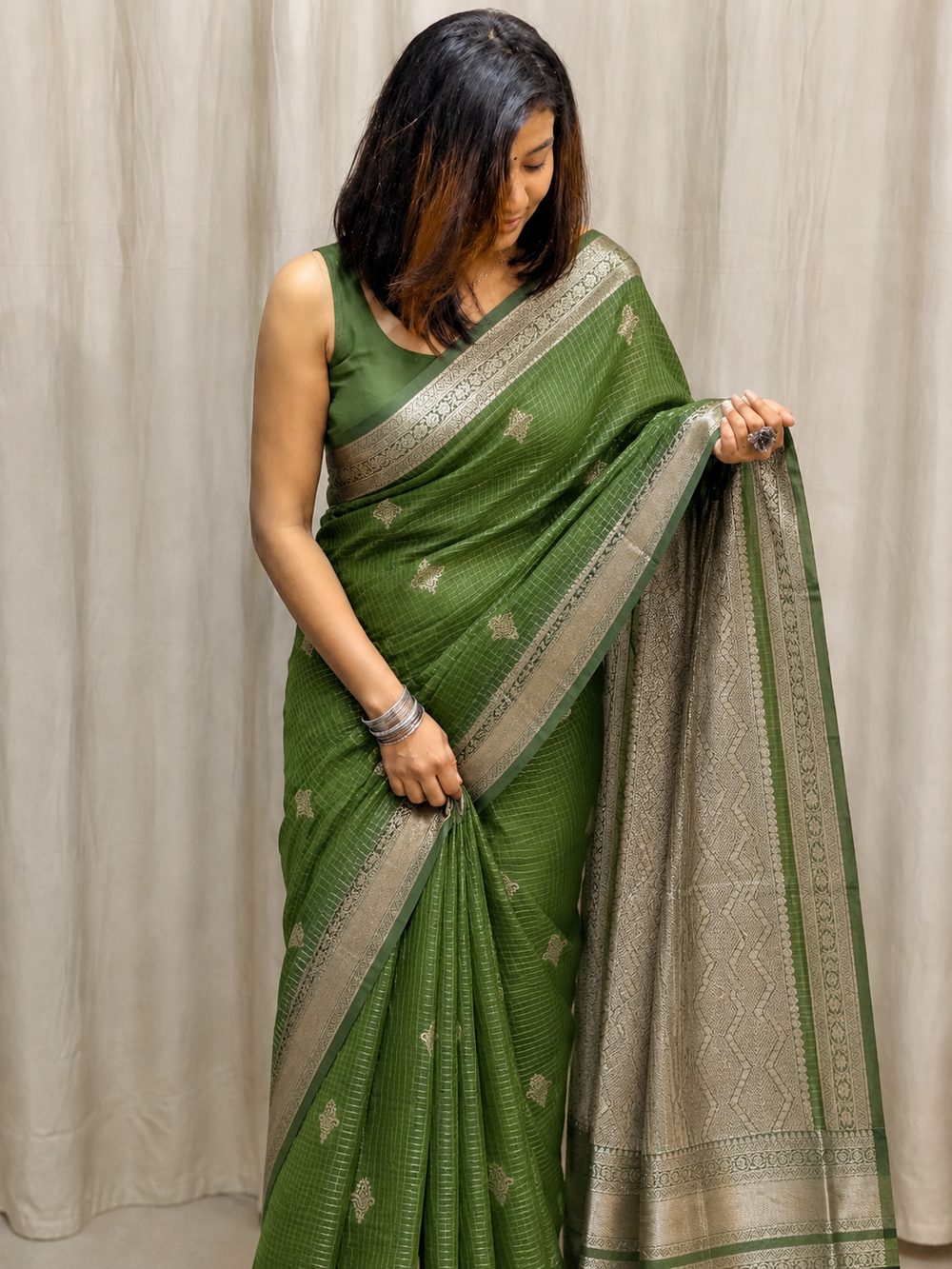 Moss Green Kathan Silk — Kathan Silk saree by Aluna Weaves