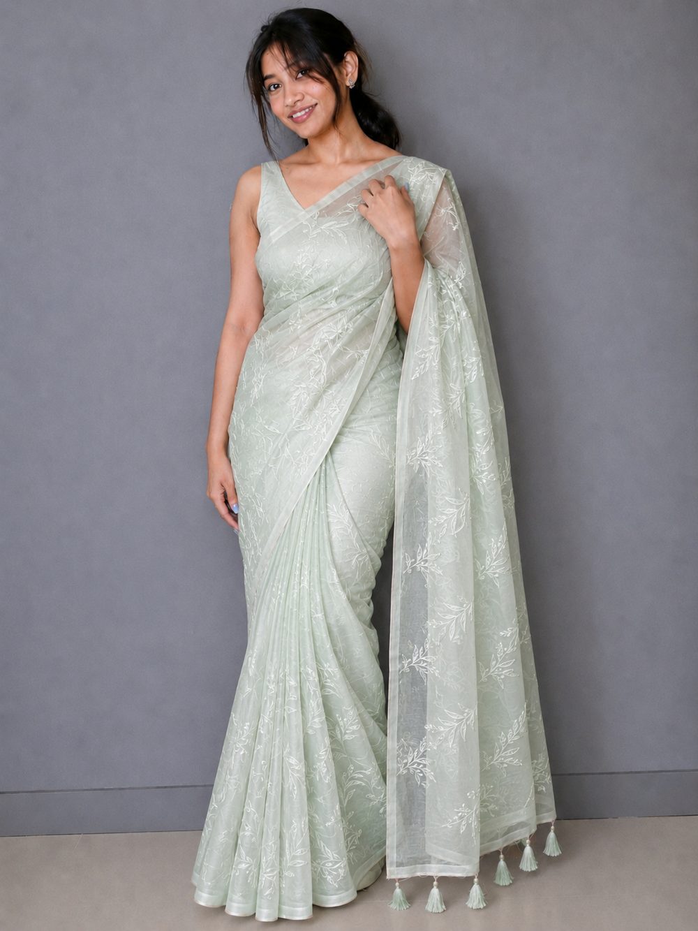 Pastel Mint Green Organza — Soft Organza saree by Aluna Weaves