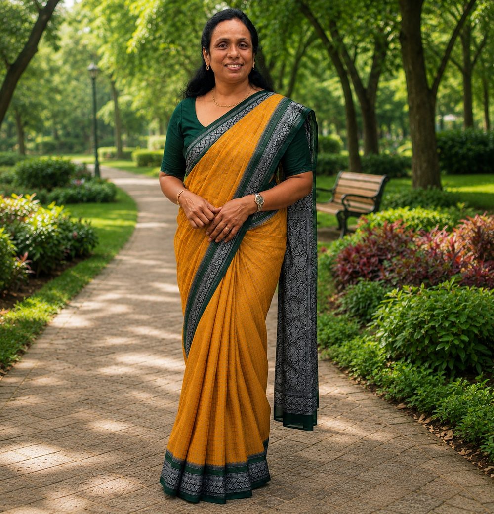 Turmeric Yellow & Deep Bottle Green Soft Silk — Soft Silk saree by Aluna Weaves