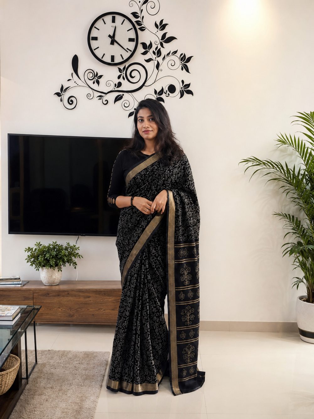 Black Printed Silk — Printed Silk saree by Aluna Weaves