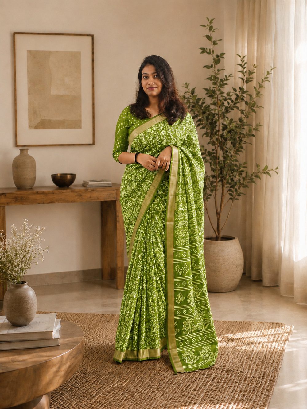 Green Printed Silk — Printed Silk saree by Aluna Weaves