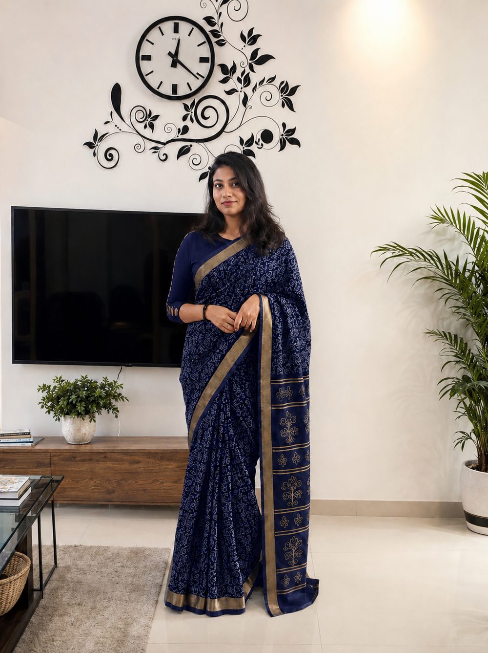 Navy Blue Printed Silk — Printed Silk saree by Aluna Weaves