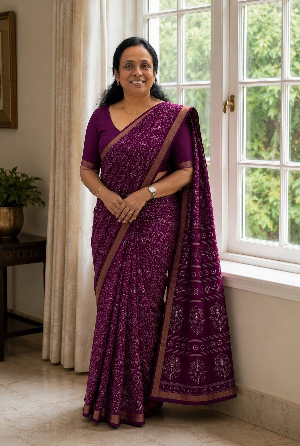 Mulberry Red Printed Silk — Printed Silk saree by Aluna Weaves