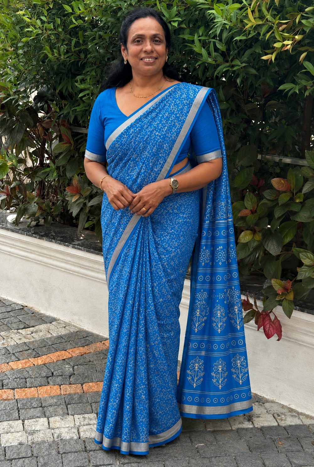 Azure Blue Printed Silk — Printed Silk saree by Aluna Weaves