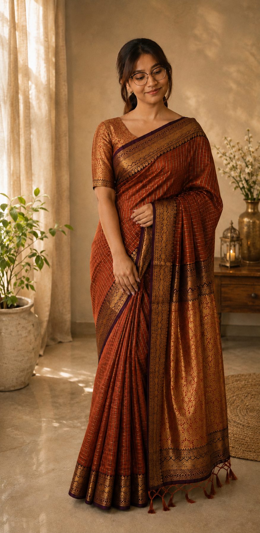 Copper Rust Orange & Purple Art Silk — Art Silk saree by Aluna Weaves