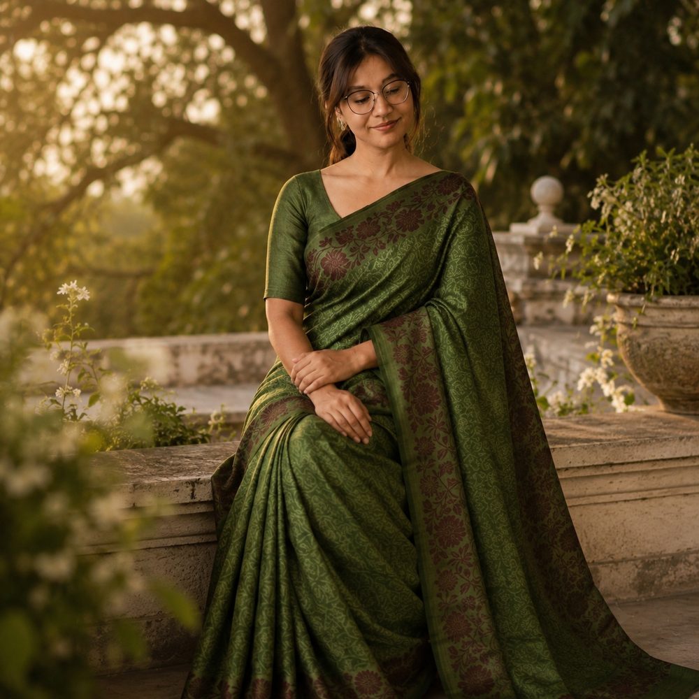 Moss Green Semi Silk — Semi Silk saree by Aluna Weaves