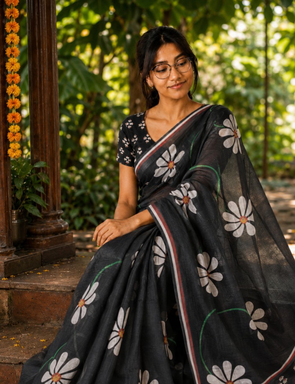 Black Semi Linen — Semi Linen saree by Aluna Weaves