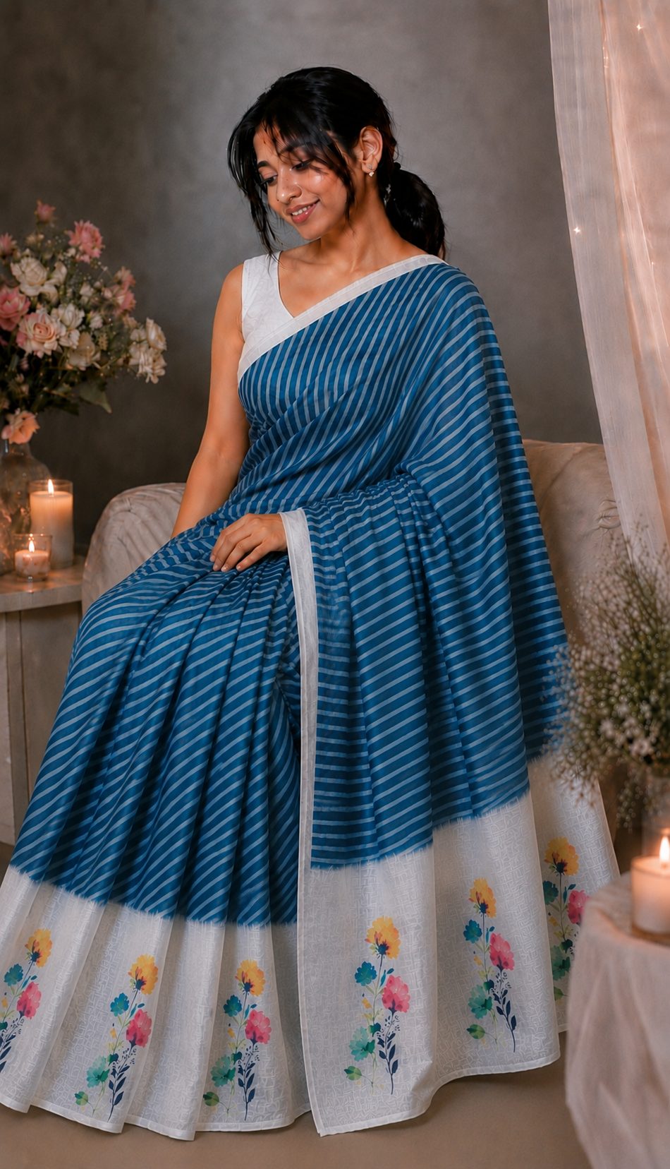 Blue Semi Linen — Semi Linen saree by Aluna Weaves