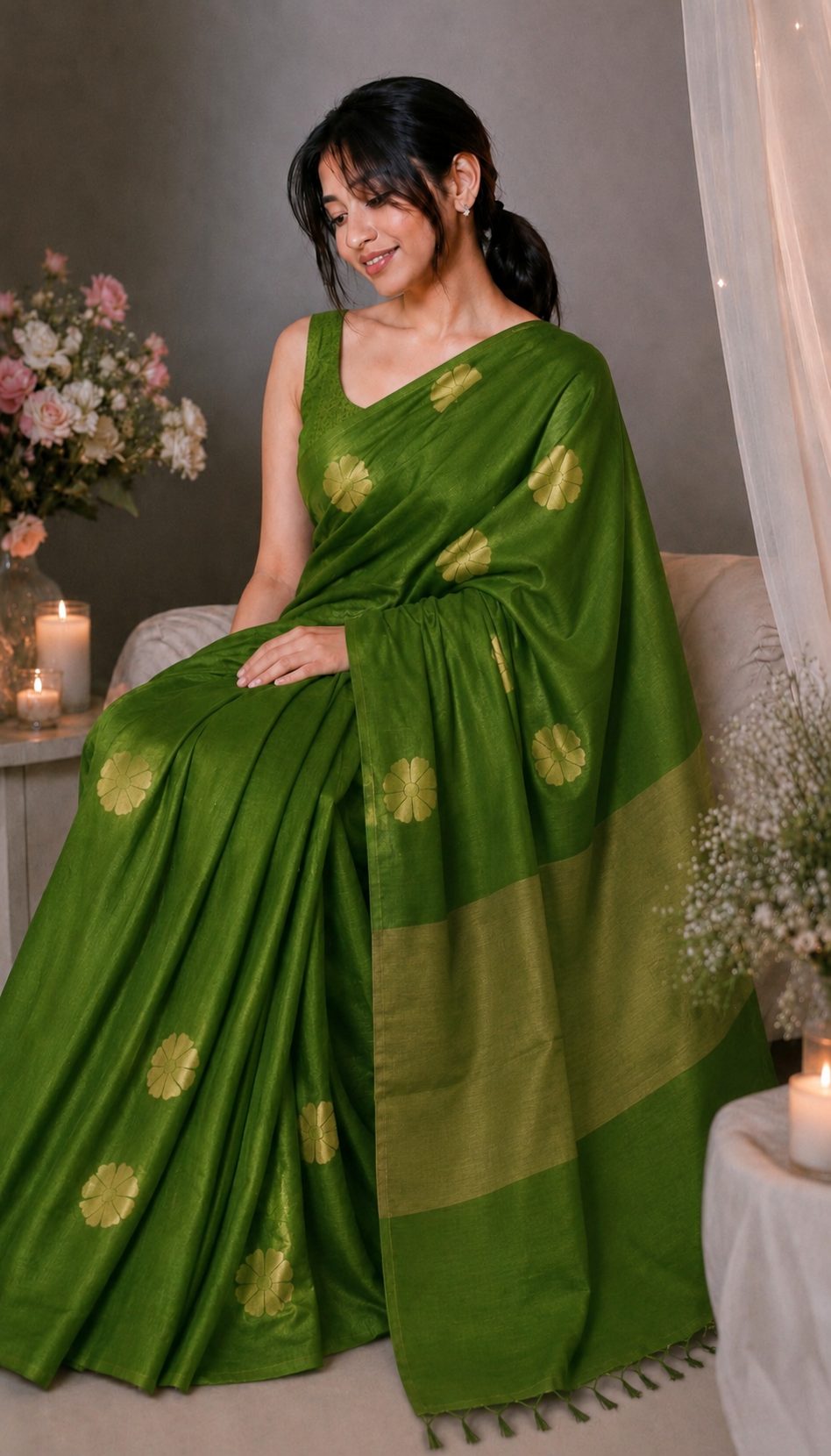 Grass Green Semi Chanderi — Semi Chanderi saree by Aluna Weaves