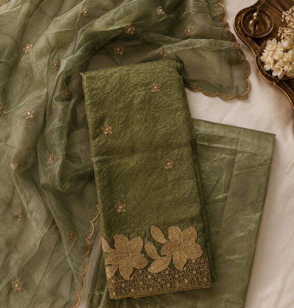 Moss Green Crush Tissue — Crush Tissue Fabric churidhar material by Aluna Weaves
