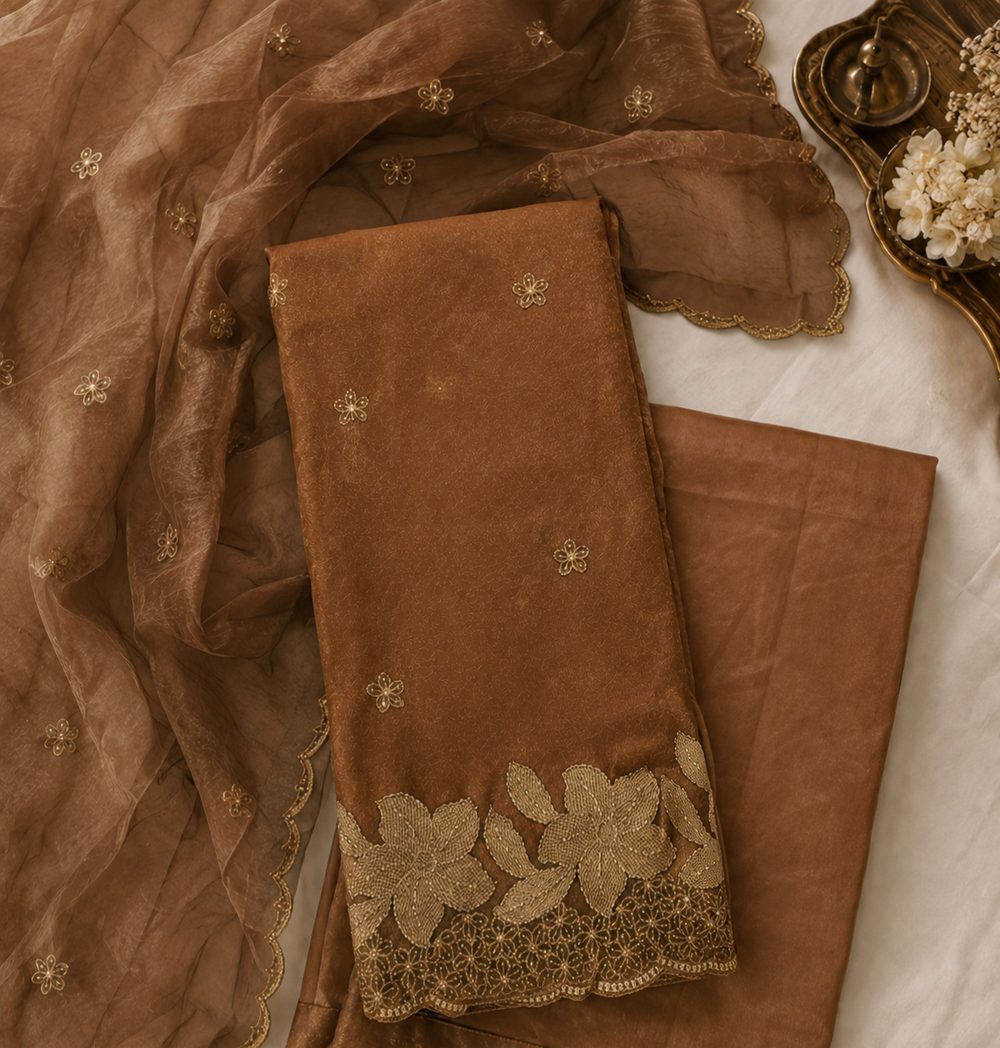 Caramel Brown Crush Tissue — Crush Tissue Fabric churidhar material by Aluna Weaves