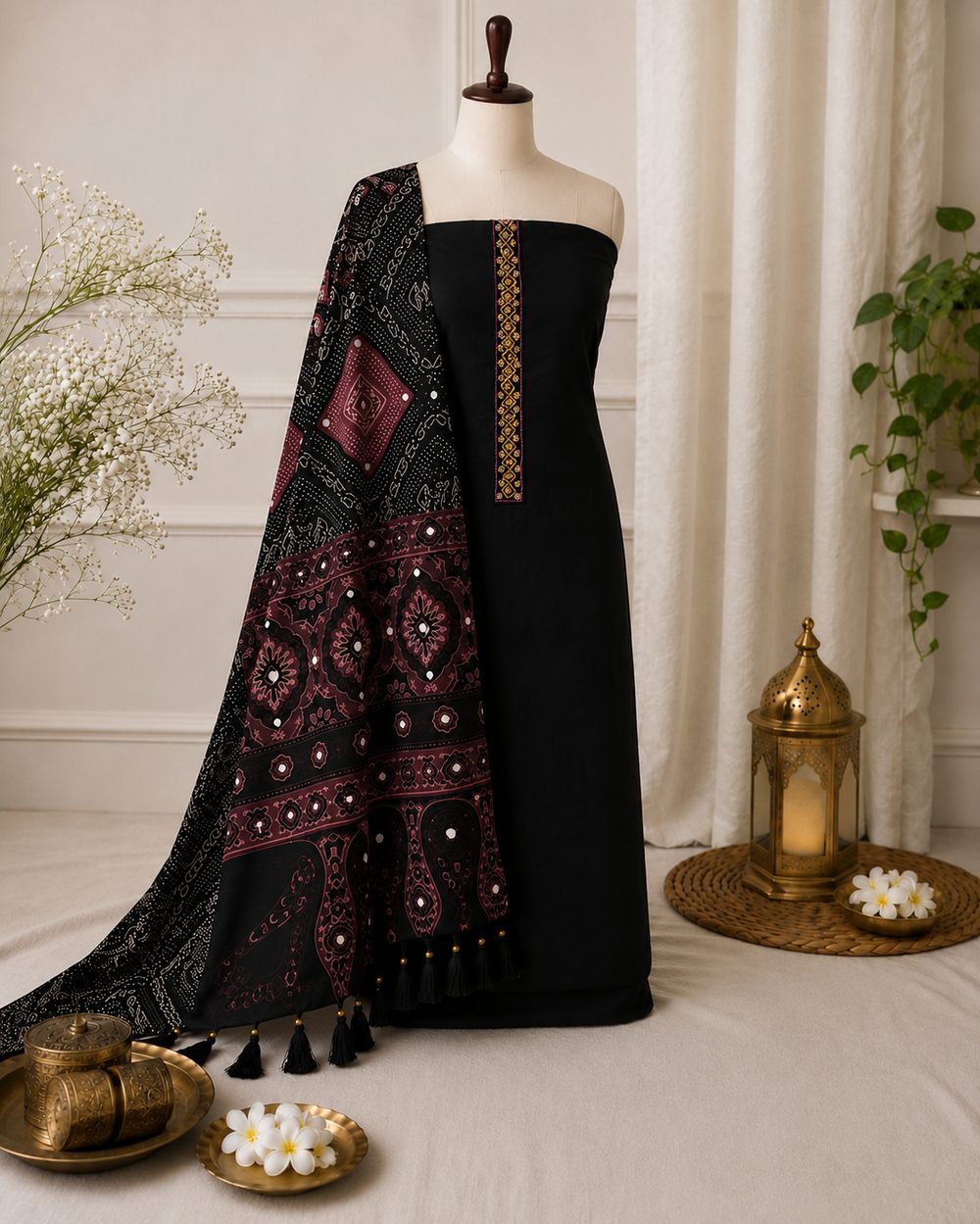 Black Semi Chanderi — Semi Chanderi churidhar material by Aluna Weaves