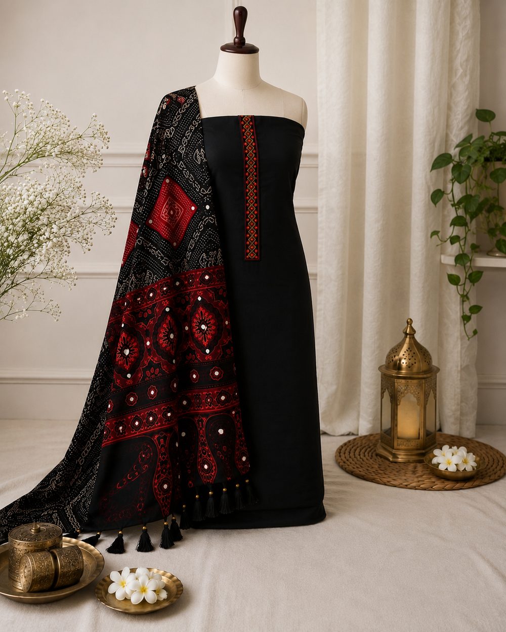 Black Semi Chanderi — Semi Chanderi churidhar material by Aluna Weaves
