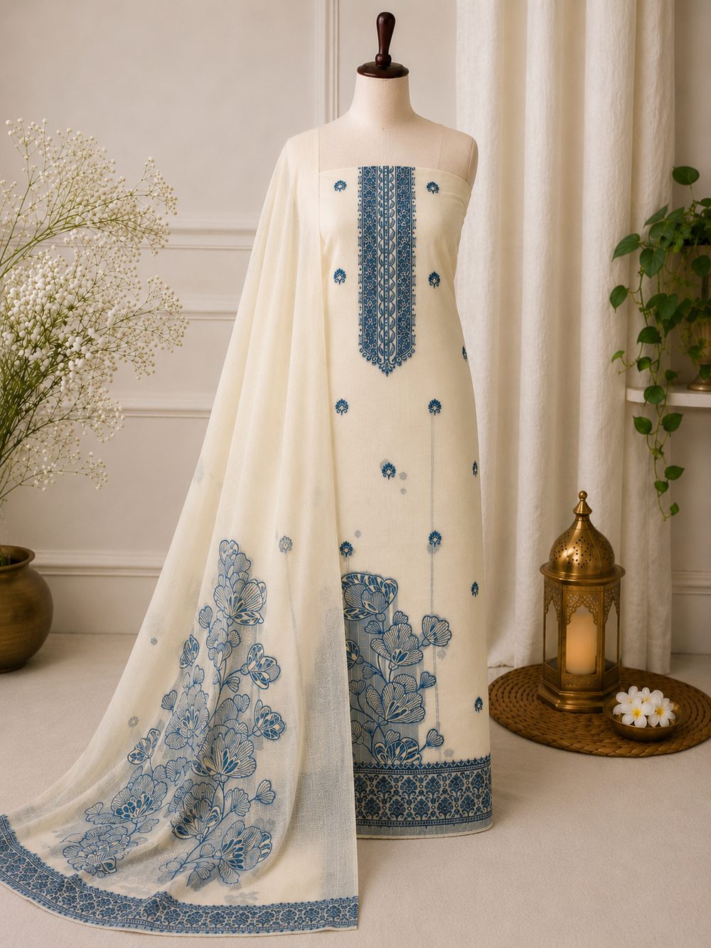 Off White Semi Chanderi — Semi Chanderi Silk churidhar material by Aluna Weaves