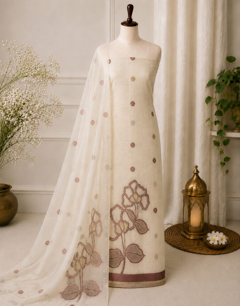 Off White Semi Chanderi — Semi Chanderi Silk churidhar material by Aluna Weaves